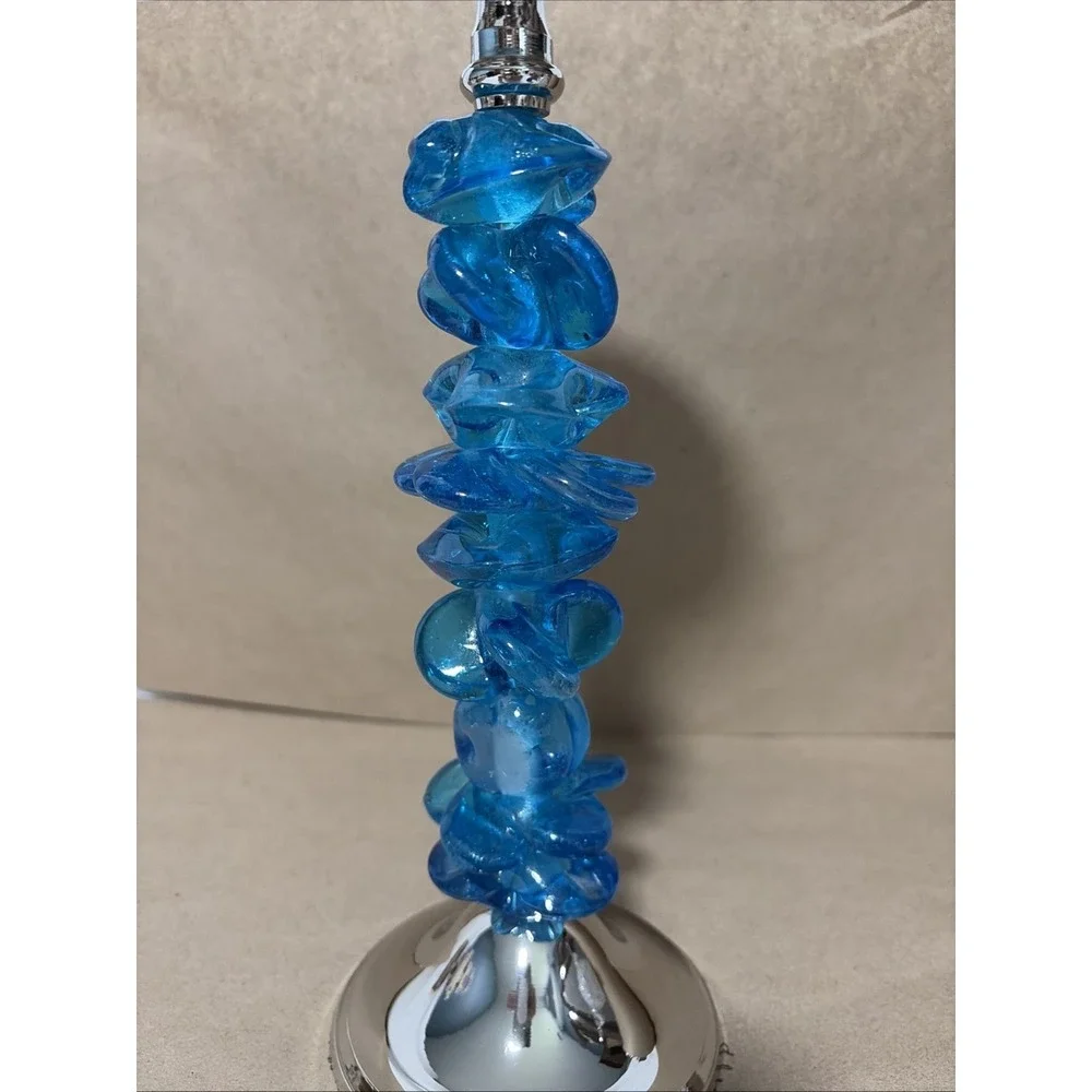 Blue Acrylic Stacked Resin Pillar Candlestick Holder 11.5in Metallic 1970s Style